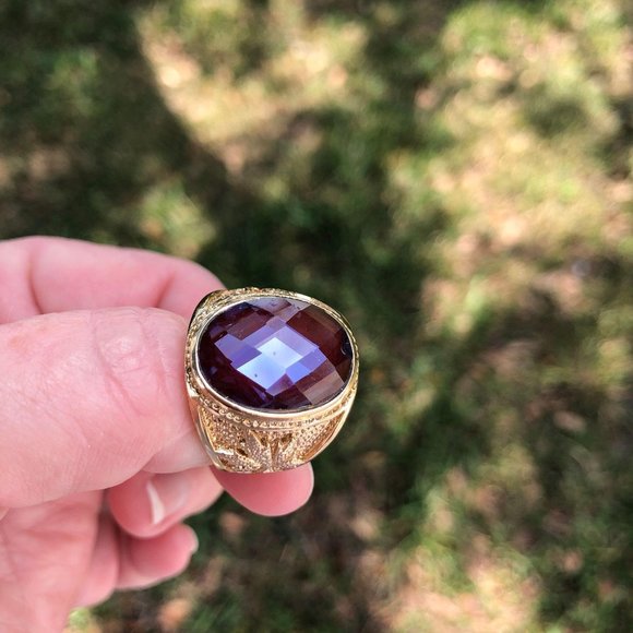 Gold Plated Mens Ring Size 10 Faceted Glass Caboch - Picture 9 of 10